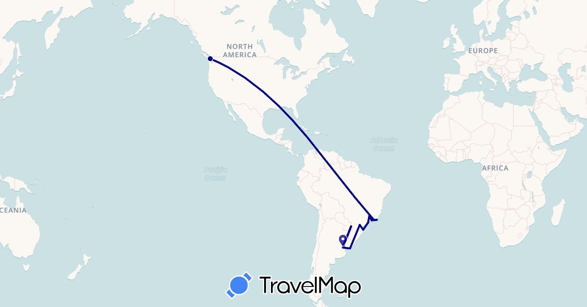 TravelMap itinerary: driving in Argentina, Brazil, Canada, Uruguay (North America, South America)